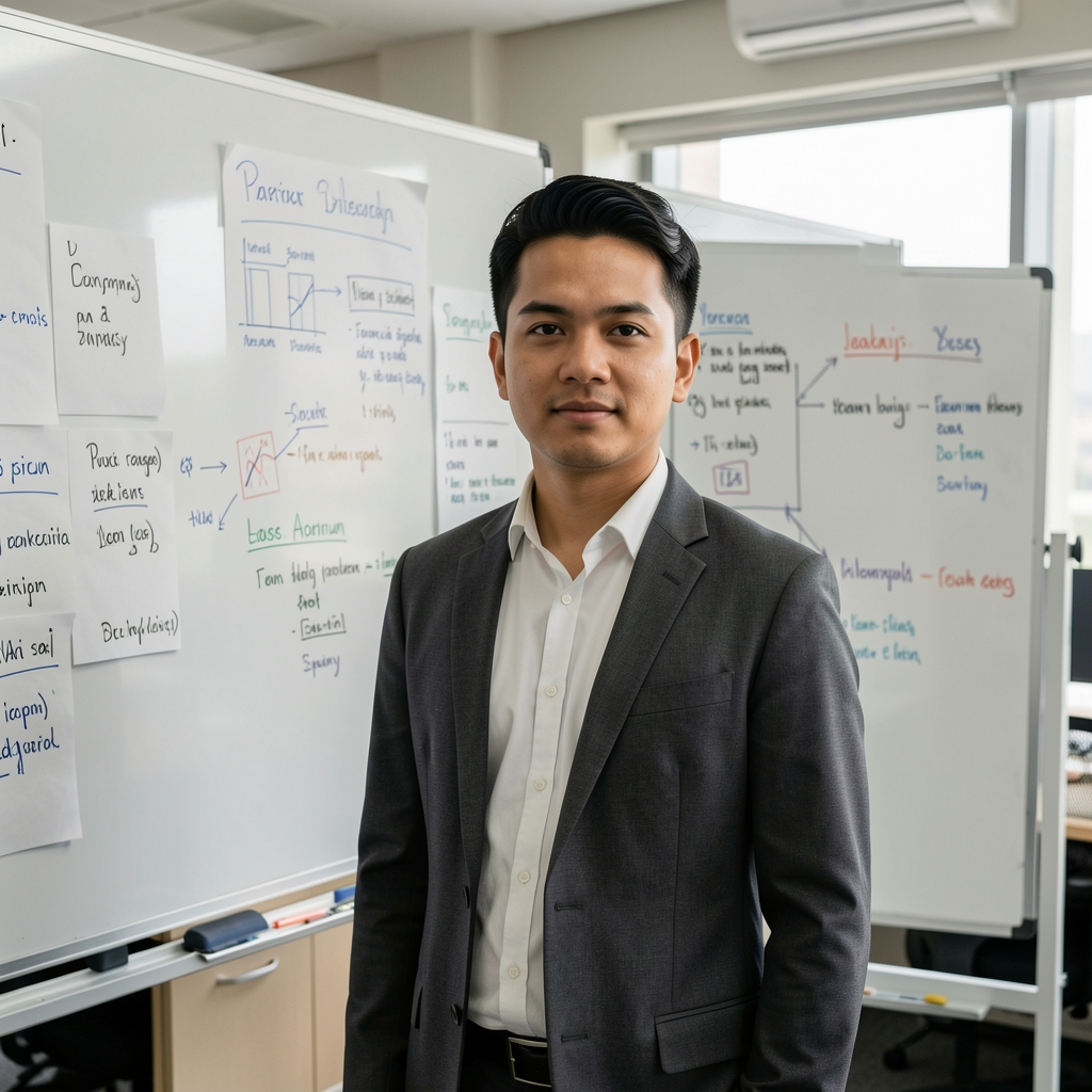 Reza Hakim, founding editor of Aledorun, standing in front of a whiteboard covered with research notes in a Jakarta editorial office, confident and focused expression
