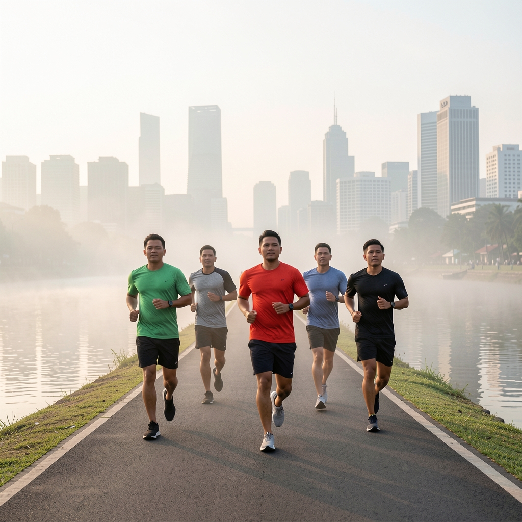 Group of Indonesian men jogging on a riverside path in Jakarta at early morning, mist rising, urban skyline in background