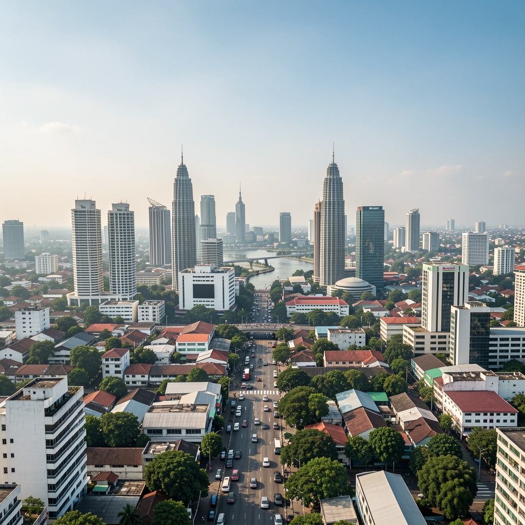 Panoramic view of Jakarta's skyline at dusk with warm orange tones, city lights beginning to glow, viewed from an elevated park lookout