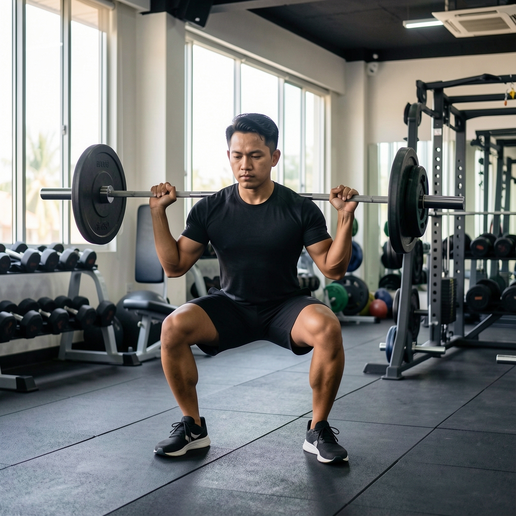 Indonesian man performing barbell squat in a well-equipped private gym, focused and composed, natural light from side windows