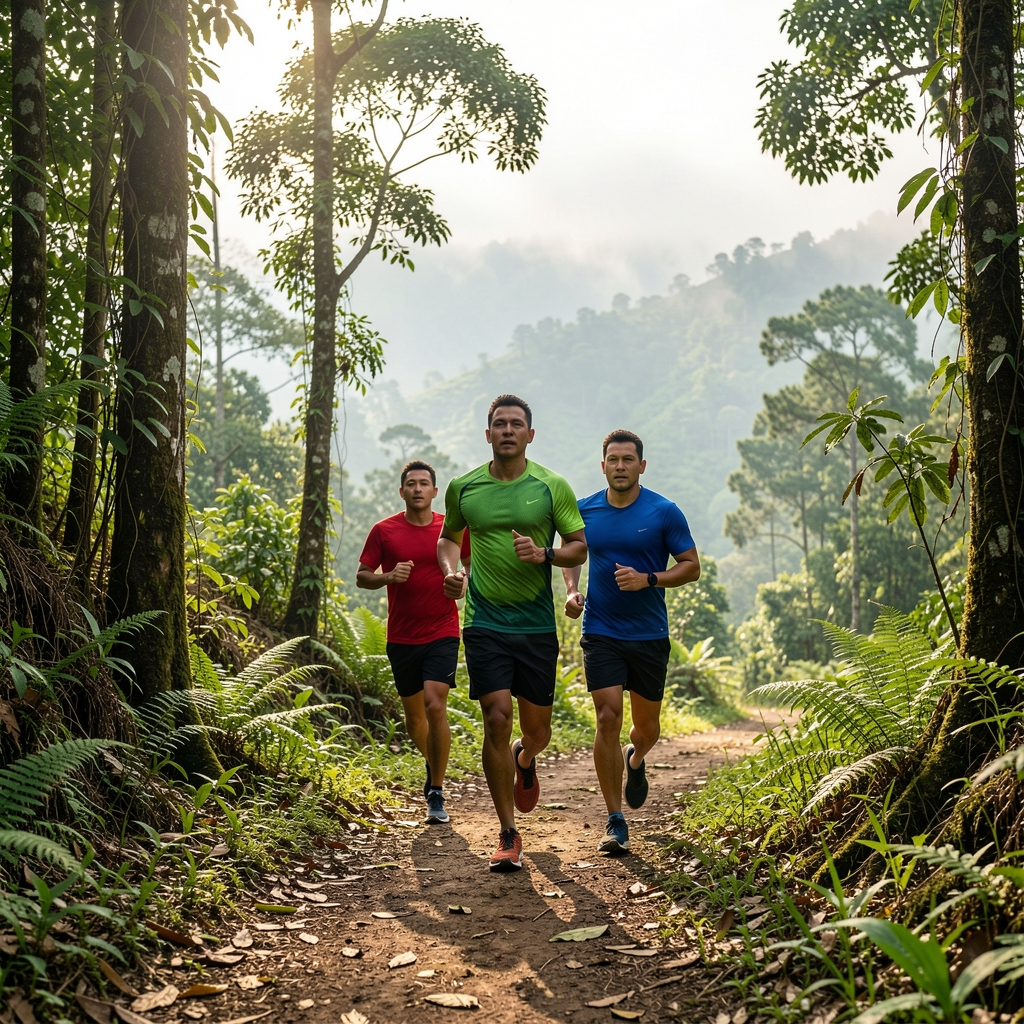 Two Indonesian men trail running on a forested path in the Bogor highlands on a weekend morning, misty green hills in background