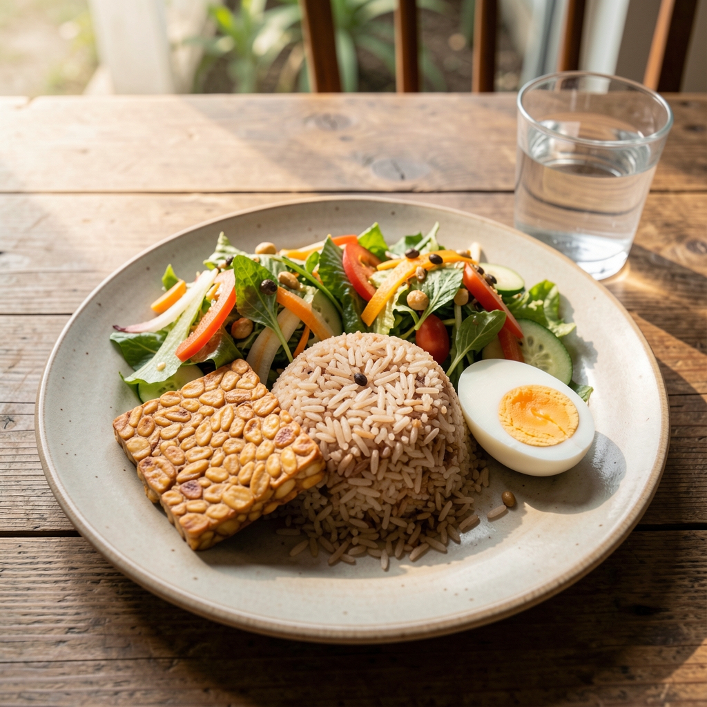 Carefully arranged balanced Indonesian meal on a ceramic plate: tempeh, brown rice, fresh vegetable salad, boiled egg, and a glass of water on a wooden table in natural light