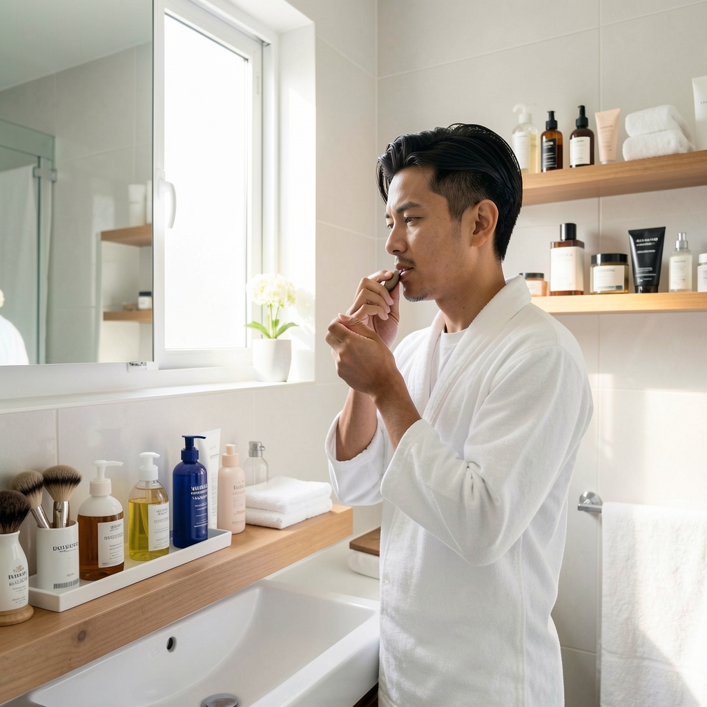 Indonesian man in a clean modern bathroom conducting a morning grooming routine, wooden shelf with neatly arranged personal care items, bright natural light