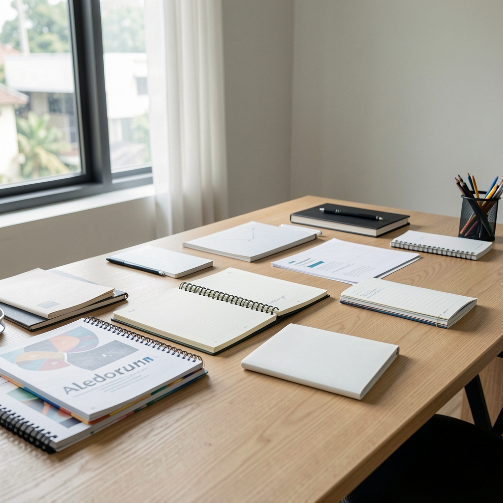 Aledorun editorial workspace in Jakarta, notebooks and research materials spread on a light oak desk with natural window light