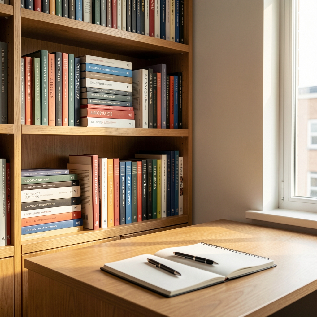 Aledorun editorial workspace corner with stacked research volumes on wooden shelves, warm natural light, clean desk surface with a pen and notebook