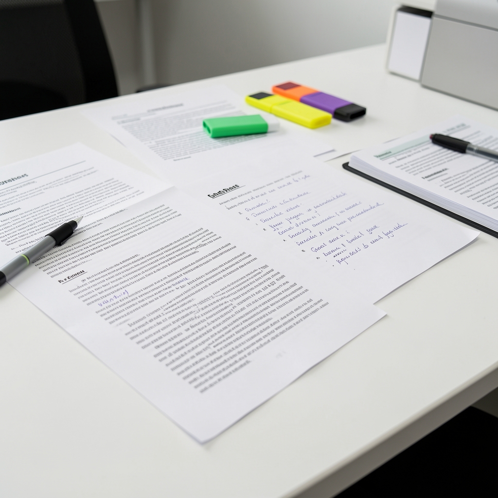 Close-up of editorial research notes spread on a white desk in the Aledorun Jakarta office, annotated journal articles, highlighters, and reference cards