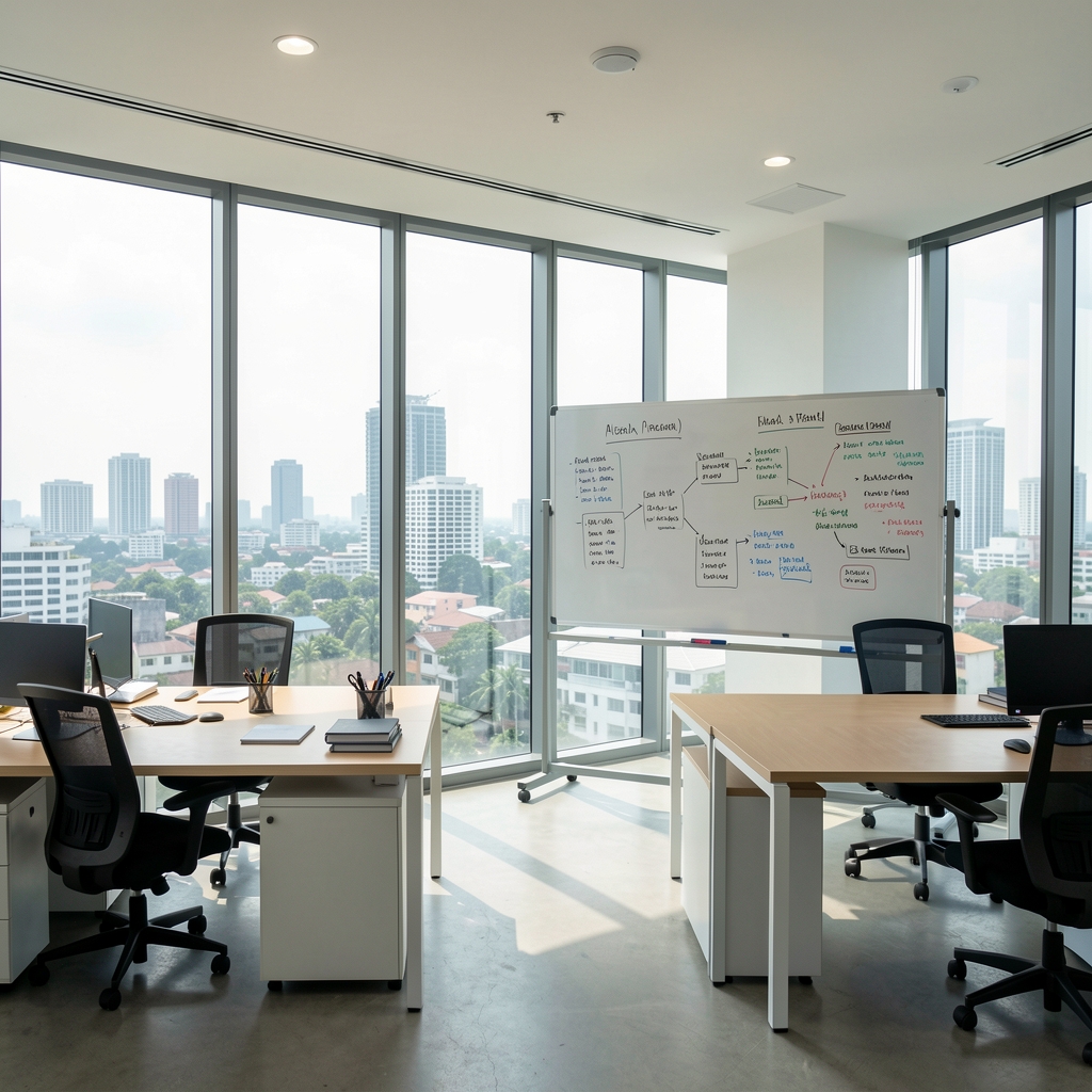 Wide-angle view of the Aledorun editorial office in Jakarta with two desks, a whiteboard covered in content planning notes, and floor-to-ceiling windows